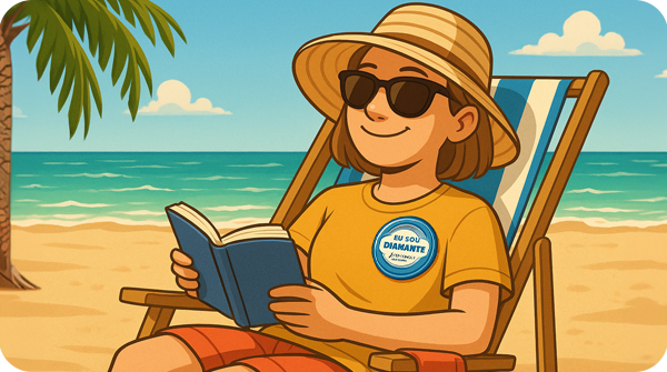 Descrição: Ilustração de uma mulher na praia, lendo um livro. Ela tem o botton comemorativo do Prêmio CNJ de Qualidade na blusa, onde se lê: "Eu sou diamante". Veste chapéu e óculos de sol. No cenário, visualizamos o mar, a areia e um coqueiro.